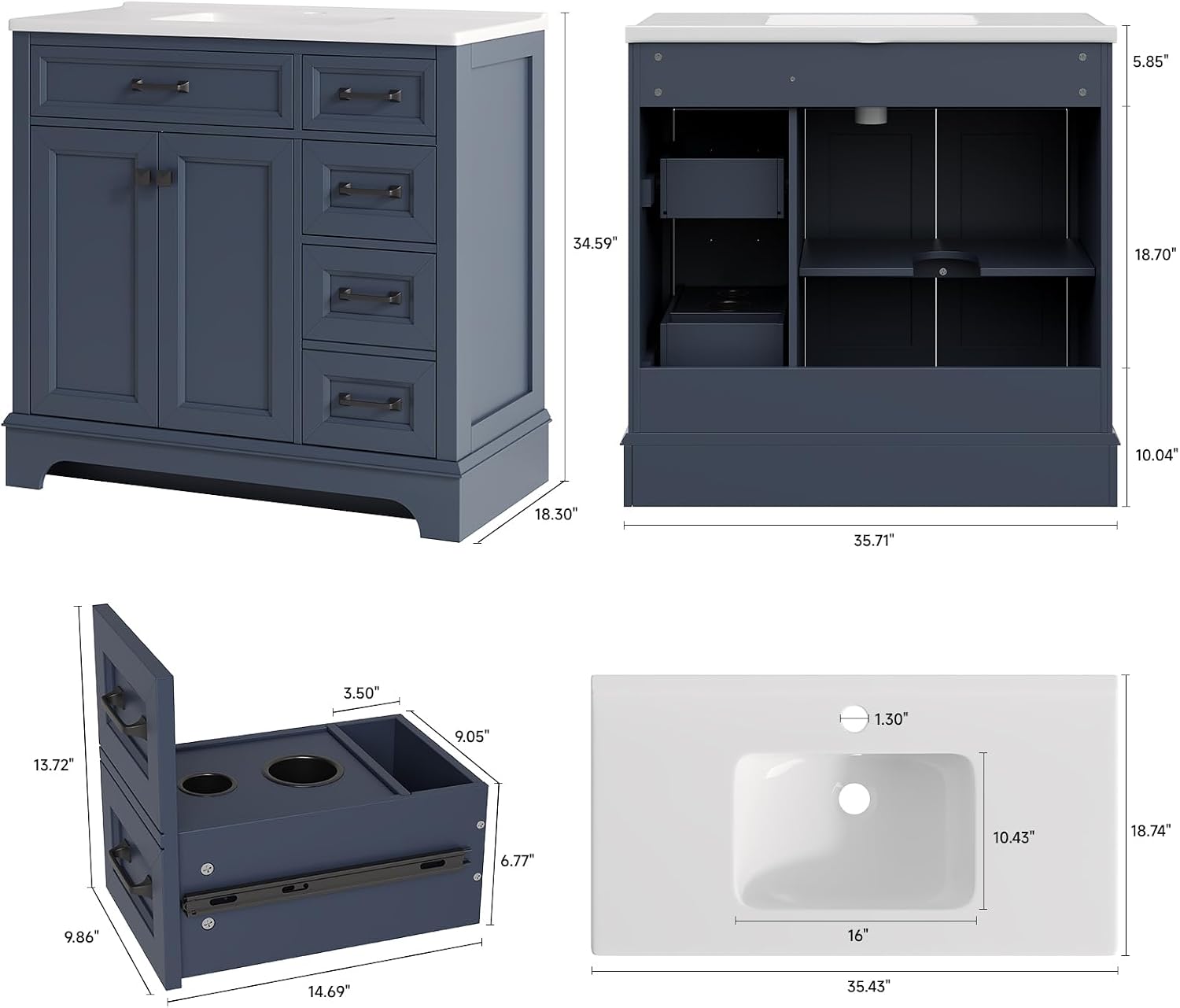 ONBRILL 36' Luxurious Bathroom Vanity with Ceramic Sink, Modern Freestanding Bathroom Single Sink Vanities Cabinet with 2 Soft Closing Doors & 2 Drawers, Adjustable Shelf & Paint Surface (Blue)