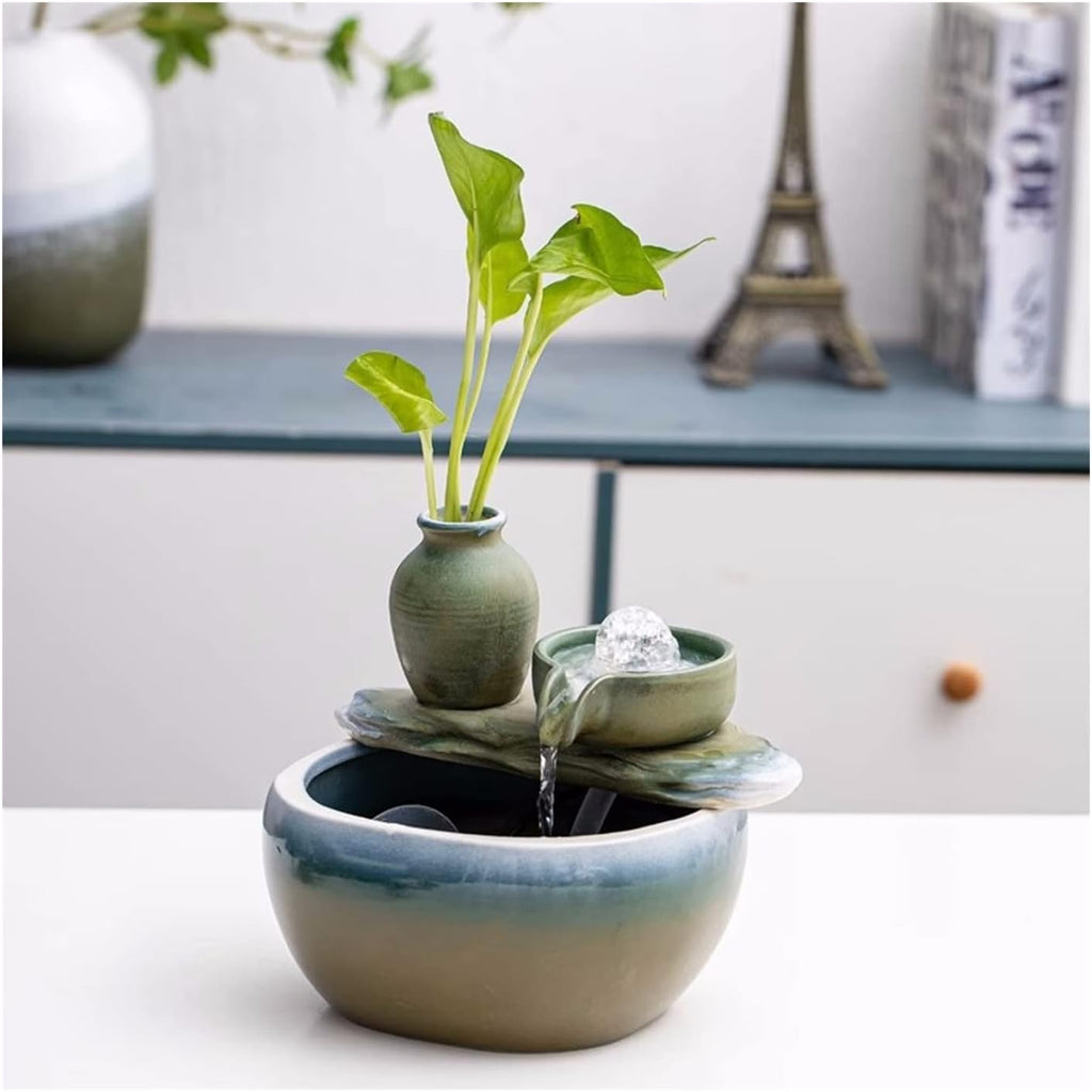Indoor Fountain Ceramic Tabletop Fountain Ceramic Pot Fountain Ornaments Circulating Water Small Fish Tank Fountain for Indoor and Home Decoration Table Desk Office Patio