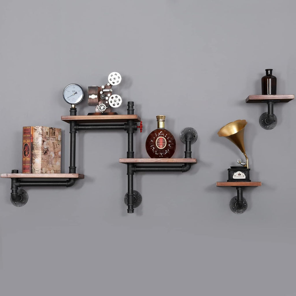 Industrial Rustic Pipe Shelving Floating Shelves Wall Mounted, 5 Laye Modern Wood Ladder Pipe Wall Shelf for Bar Living Room DIY Storage Shelving Bookcase