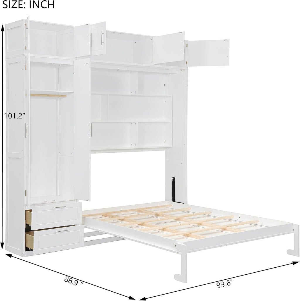 Merax Queen Size Murphy Bed with Shelves, Top Cabinet and Wardrobe, Fold into The Wall, Space-Saving Design Foldable Platform Bed Frame for Bedroom, Guest Room, Home Office, White