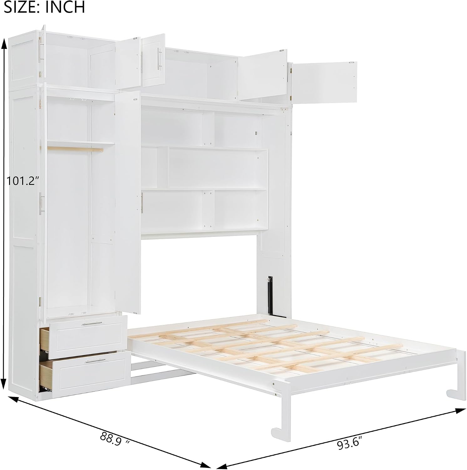 Merax Queen Size Murphy Bed with Shelves, Top Cabinet and Wardrobe, Fold into The Wall, Space-Saving Design Foldable Platform Bed Frame for Bedroom, Guest Room, Home Office, White