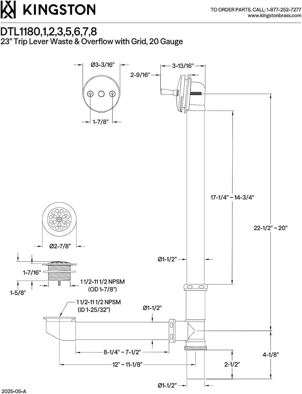 Kingston Brass DTL1188 Bath Tub Drain and Overflow, Brushed Nickel