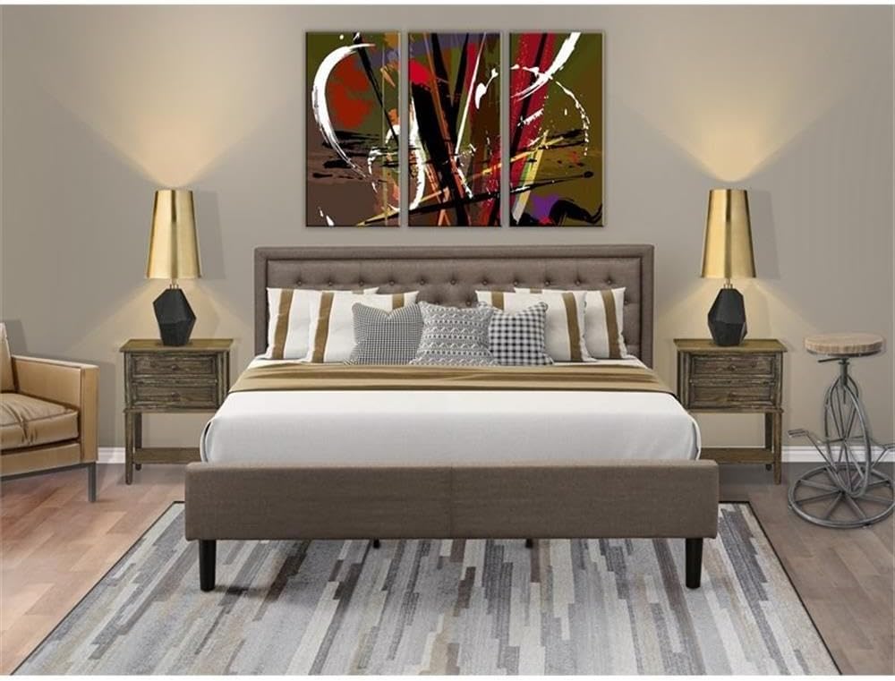 East West Furniture KD18K-2VL07 3 Piece Wood Bedroom Set - 1 King Size Bed Brown Linen Fabric Padded and Button Tufted Headboard with 2 Wood Night Stand - Distressed Jacobean Finish Nightstand