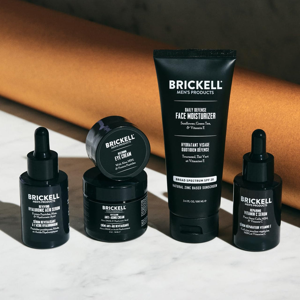 Brickell Men's Complete Defense Anti Aging Routine, Night Face Cream, Day & Night Serum, Facial Moisturizer w/SPF & Eye Cream, With Hyaluronic Acid, Peptides, and Vitamin C, Scented