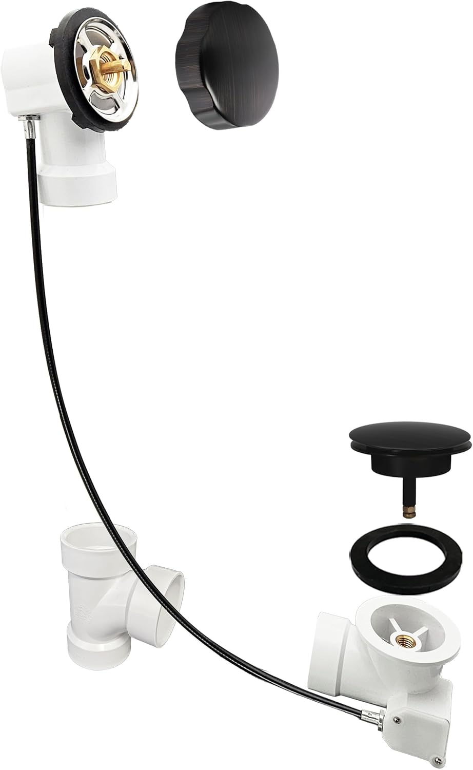 Westbrass A50P45-12A 45' SCH. 40 PVC Cable Driven Bath Drain Trim Kit with Rotary Overflow Cover Knob and Pop-Up Stopper, Antique Bronze