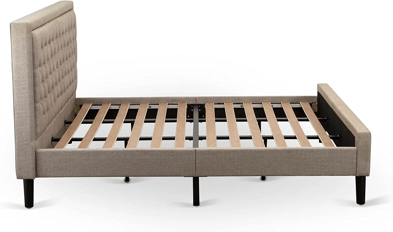 East West Furniture KDF-16-K Platform King Size Bed - Dark Khaki Linen Fabric Upholstered Bed Headboard with Button Tufted Trim Design - Black Legs