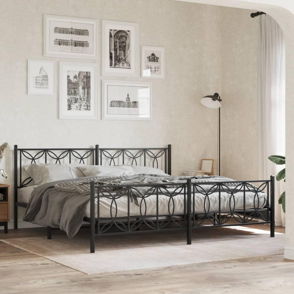 Metal Bed Frame with Footboard Black 76'x79.9' King Steel Platform Bed Frame Heavy Duty Bedframe with Storage Space Underneath for Bedroom Furniture