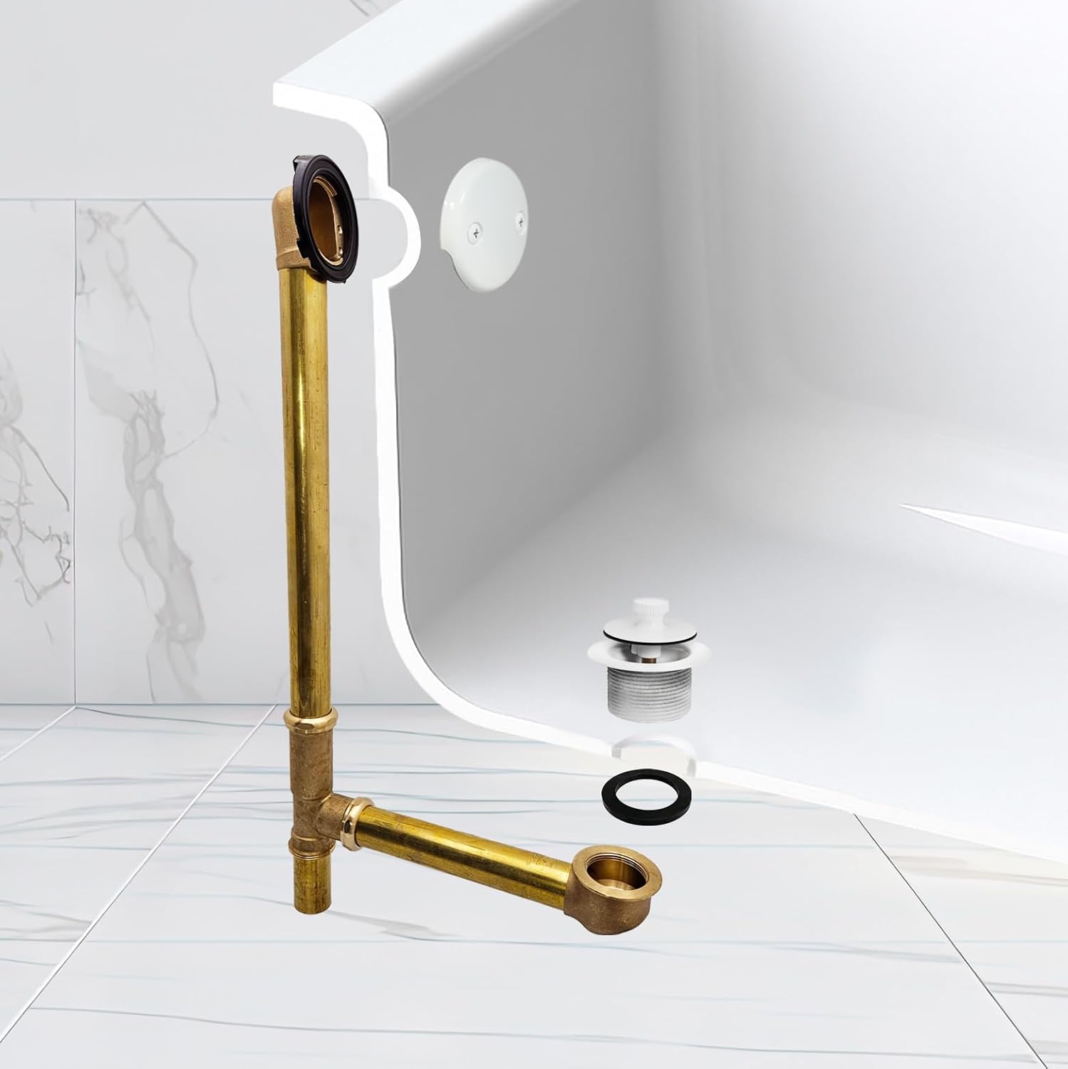 Westbrass A3264-50 22-1/2' Brass Bath Waste & Overflow Assembly with Pull Drain Plug and 2-Hole Faceplate, Powder Coat White