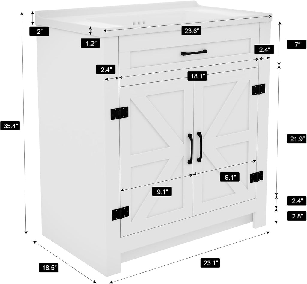 Bathroom Vanity, 24' Bathroom Vanity with Ceramic Sink, Farmhouse Bathroom Vanity Cabinet for Small Space, Freestanding Storage Cabinet with Shelf, 2 Doors, Easy Assembly