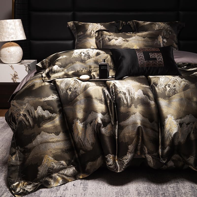 100% Long Staple Cotton Luxury 6-Piece Set, Elegant Black and Gold Satin Bedding Set, 3D Embroidered Jacquard, Quilt Cover，Sheet+2 Pillowcases and 2 Cushion Covers (Jinshan,Full)