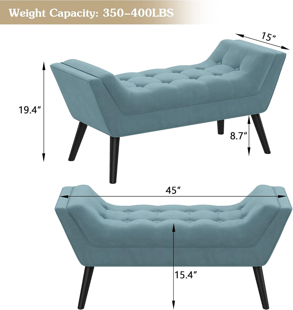 Andeworld Velvet Bed Bench,Upholstered Entryway Ottoman Bench Seat for Bedroom End of Bed,Footstools for Bed Room,Lake Blue