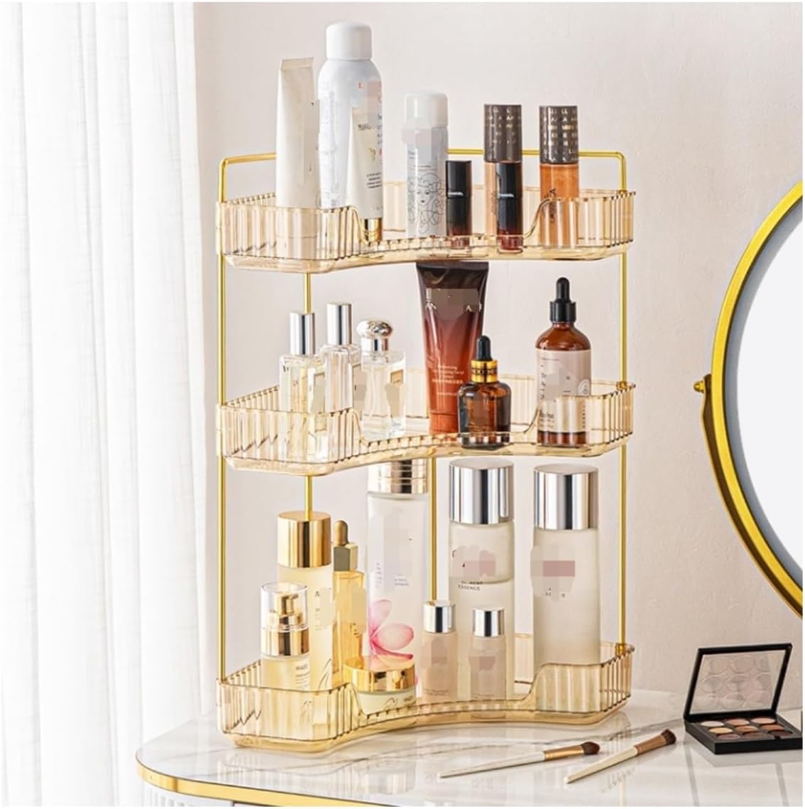 Skincare Organizers, 3 Tier Makeup Organizer for Bathroom Corner Vanity Countertop Makeup Organizer Holder Cosmetics Skincare Storage Counter(Amber)