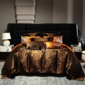 100% Long Staple Cotton Luxury 6-Piece Set, Elegant Black and Gold Satin Bedding Set, 3D Embroidered Jacquard, Quilt Cover，Sheet+2 Pillowcases and 2 Cushion Covers (Black Gold,Full)