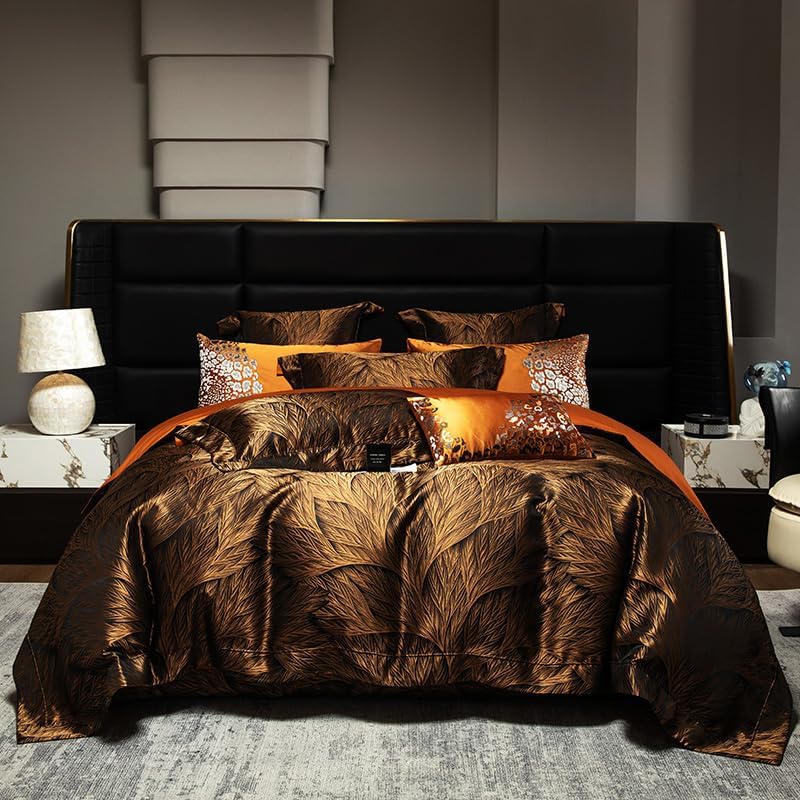 100% Long Staple Cotton Luxury 6-Piece Set, Elegant Black and Gold Satin Bedding Set, 3D Embroidered Jacquard, Quilt Cover，Sheet+2 Pillowcases and 2 Cushion Covers (Black Gold,Full)