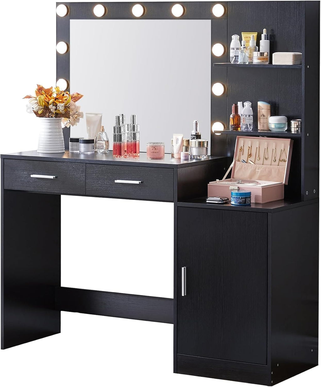 Palimder Vanity Desk with Lamp Bulb Mirror Drawers,Vanity Storage Bench,Makeup Vanities Table for Bedroom