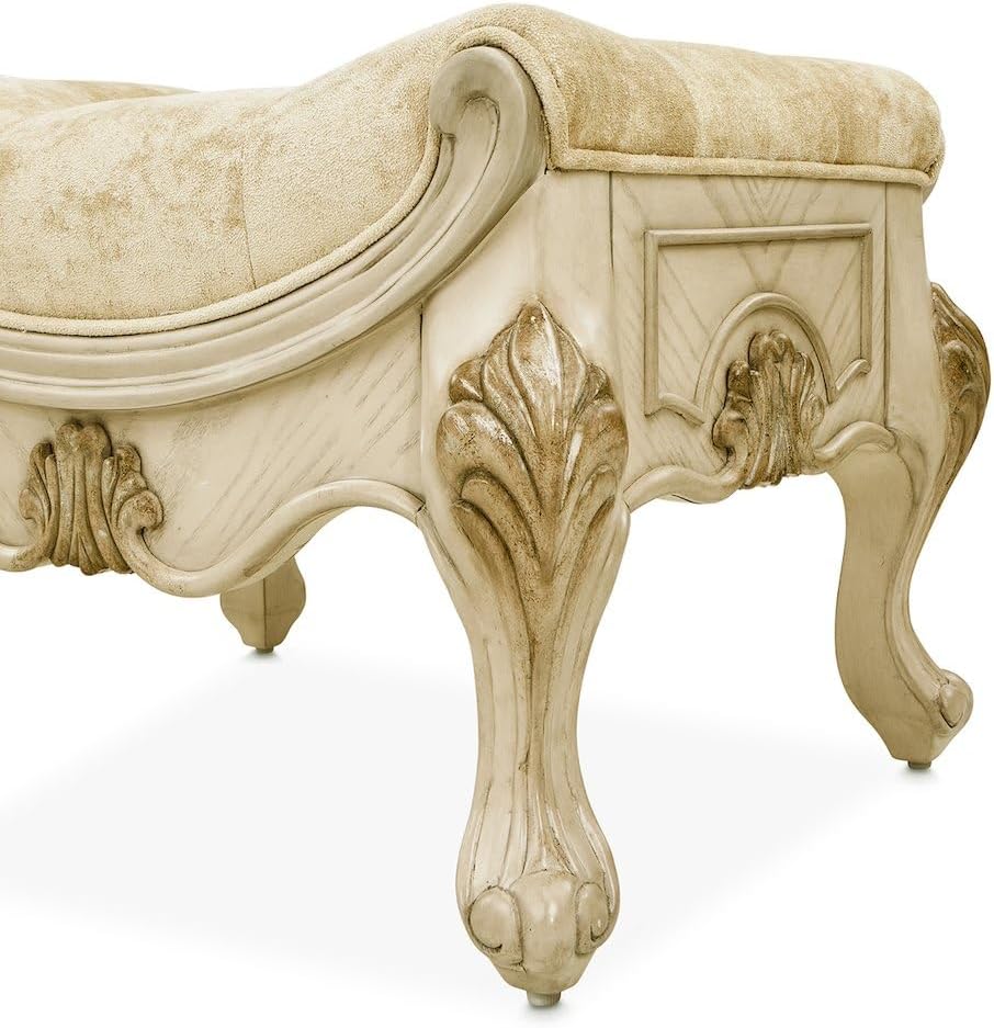Michael Amini Platine de Royale Beige Champagne Vanity Bench Solid Rubberwood Frame Velvet Upholstery Comfortable Seating Elegant Design Durable Construction for Bedroom or Dressing Room