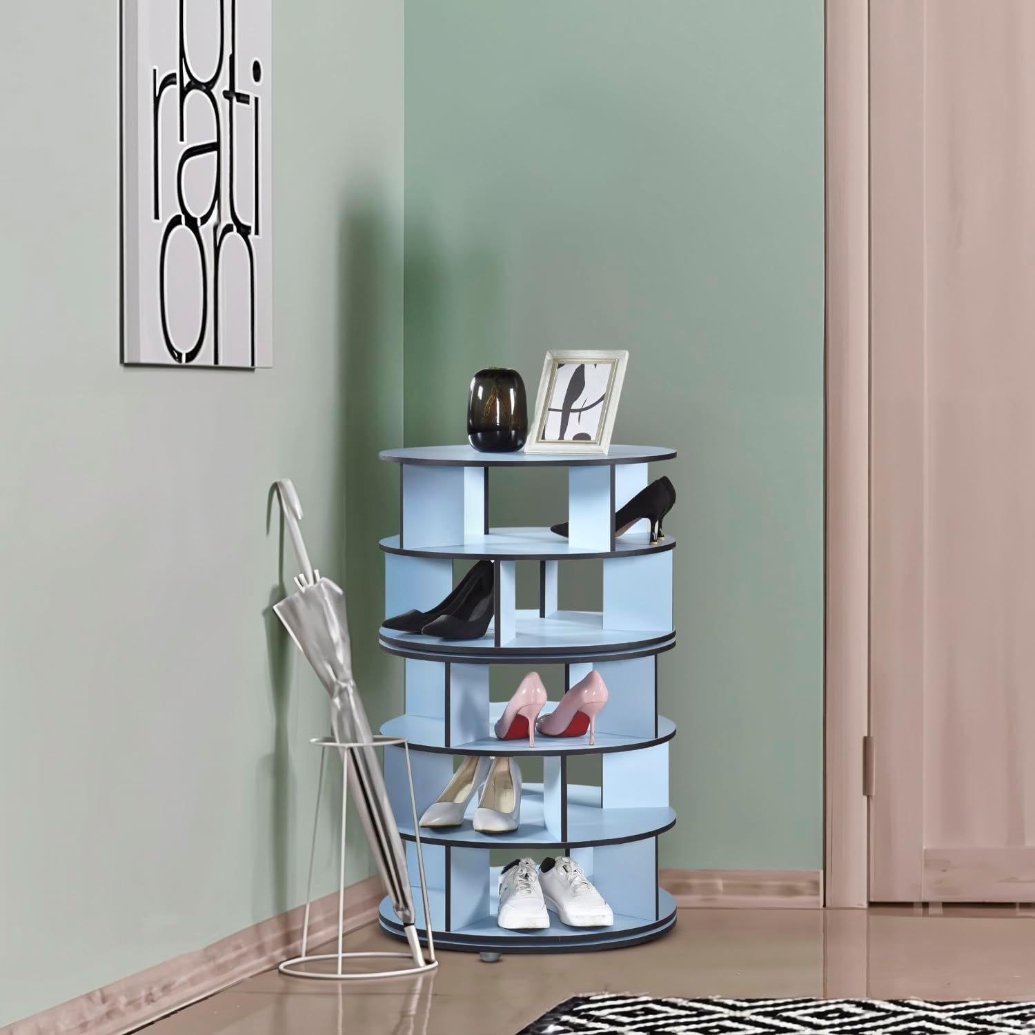 Kings Brand Furniture - 5-Tier Rotating Shoe Rack, 360° Revolving Lazy Susan Spinning Shoe Rack Tower Storage Organizer for Closet Entryway Bedroom Hallway, Blue