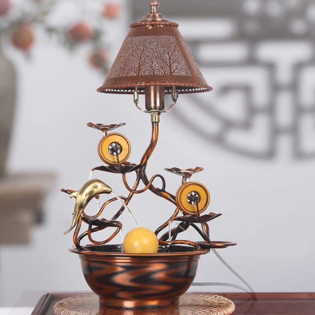 Retro Tabletop Fountain with Fish Tank - Bonsai Copper Table Lamp, Home Decor, Flowing Water Feature