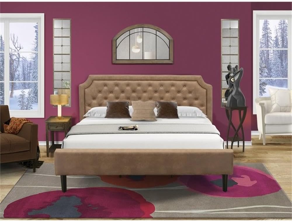 East West Furniture GB28K-1DE07 2-Pc Granbury King Size Bedroom set with Button Tufted Bed Frame and 1 Distressed Jacobean Mid Century Nightstand - Brown faux Leather with Brown Texture and Black Legs