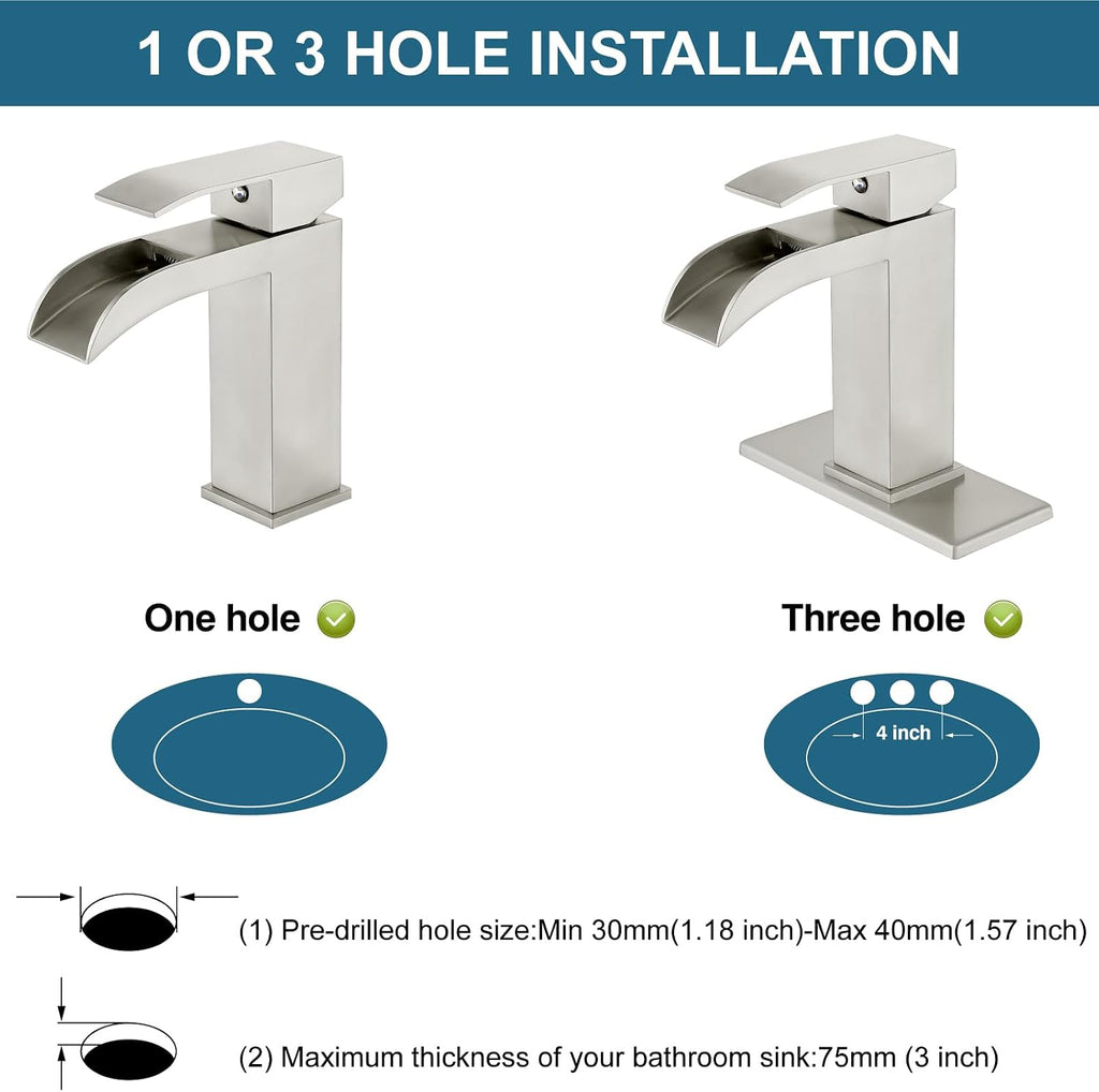 Midanya Brushed Nickel Single Handle Slotted Waterfall Vanity Bathroom Sink Faucets with 8 Inch Brushed Nickel Wall Mount Rain Shower System Square Shower Faucet Set
