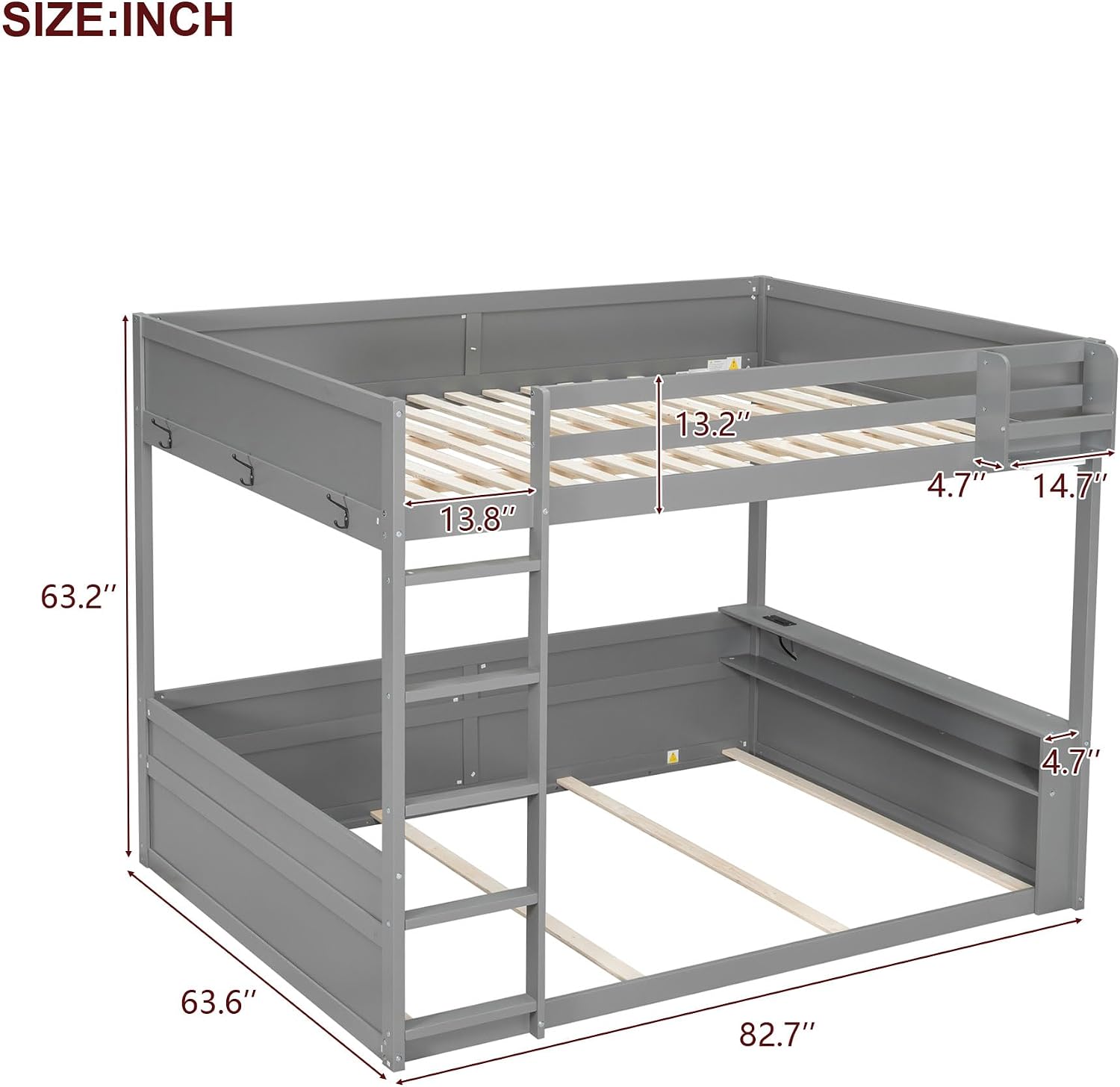 RUNNA Queen Size Wooden Bunk Bed with Built-in Shelves,Storage Box,LED Light and USB Charging Station,No Box Spring Needed (Grey/USB1)