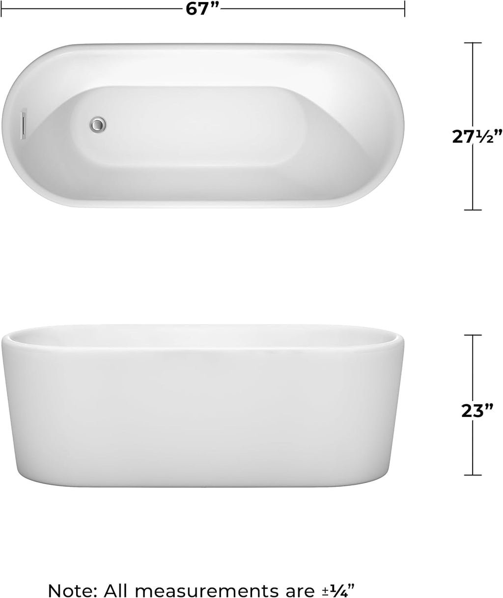 Ursula 67 inch Freestanding Bathtub in White with Polished Chrome Drain and Overflow Trim