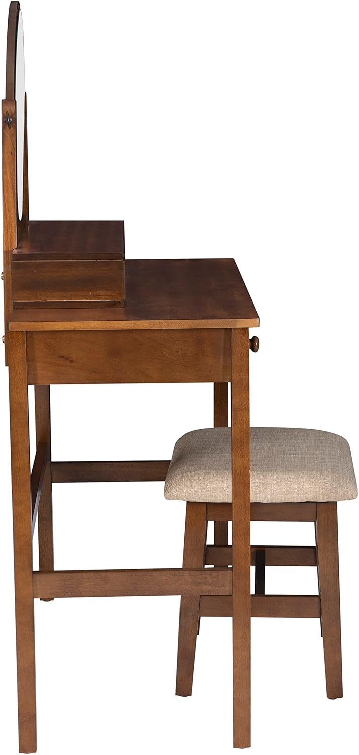 Linon MidCentury Walnut Upholstered Seat Beverly Vanity Set, Medium