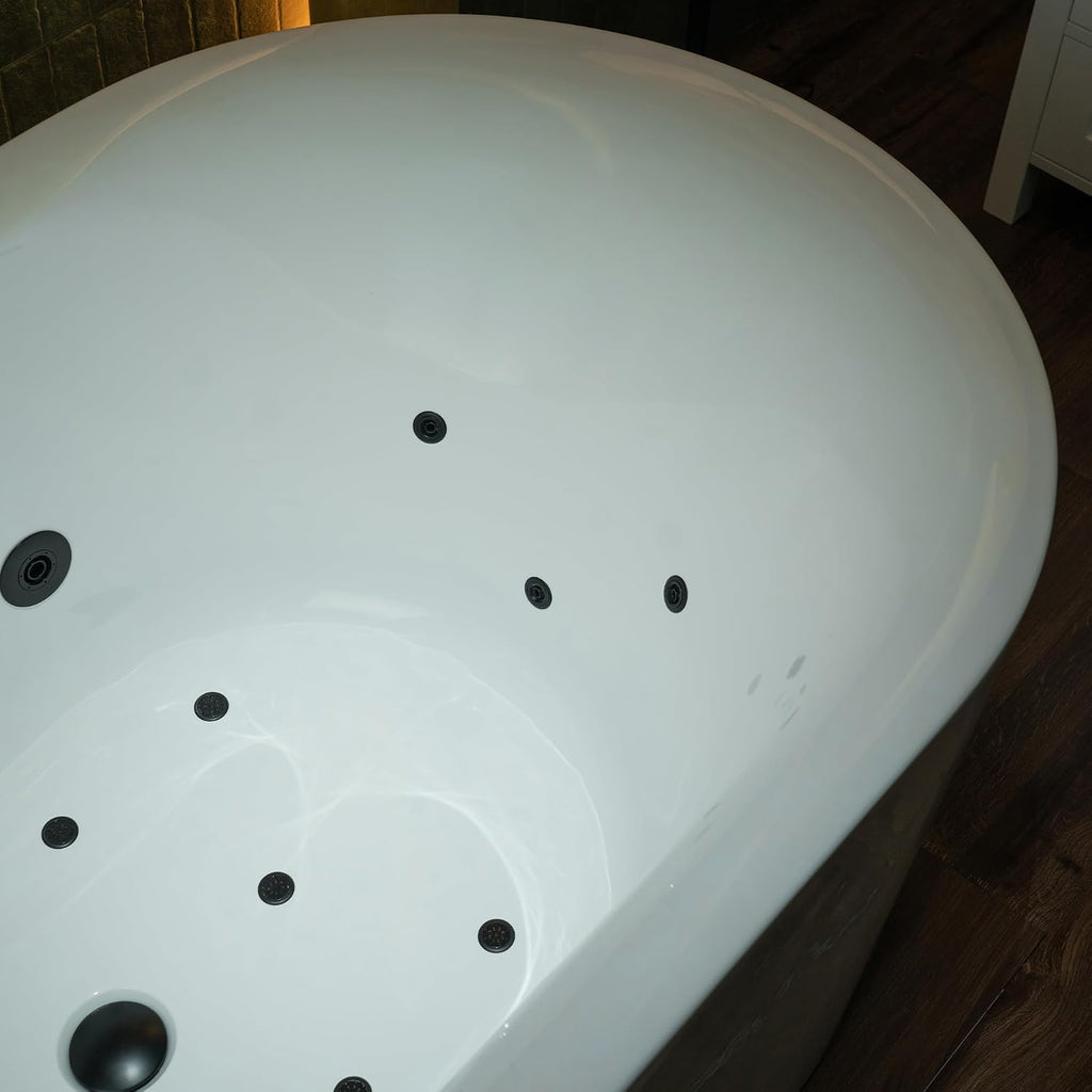 WOODBRIDGE 59' x 31-1/2' Whirlpool and Air Bath Heated Soaking Combination Tub with Adjustable Speed Air Blower and Display Control Panel, Matte Black Finish Trim and Drain Kit, BM100