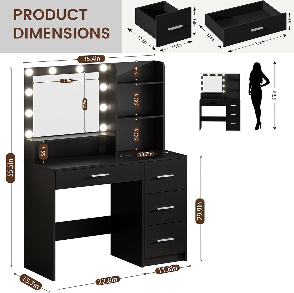 DINGIPP Vanity Desk with Lighted Mirror and Charging Station, Makeup Vanity with 4 Drawers & Storage Shelves,Makeup Desk 3 Color Lights Modes Available, Bedroom Dressing Table for Women, Girls