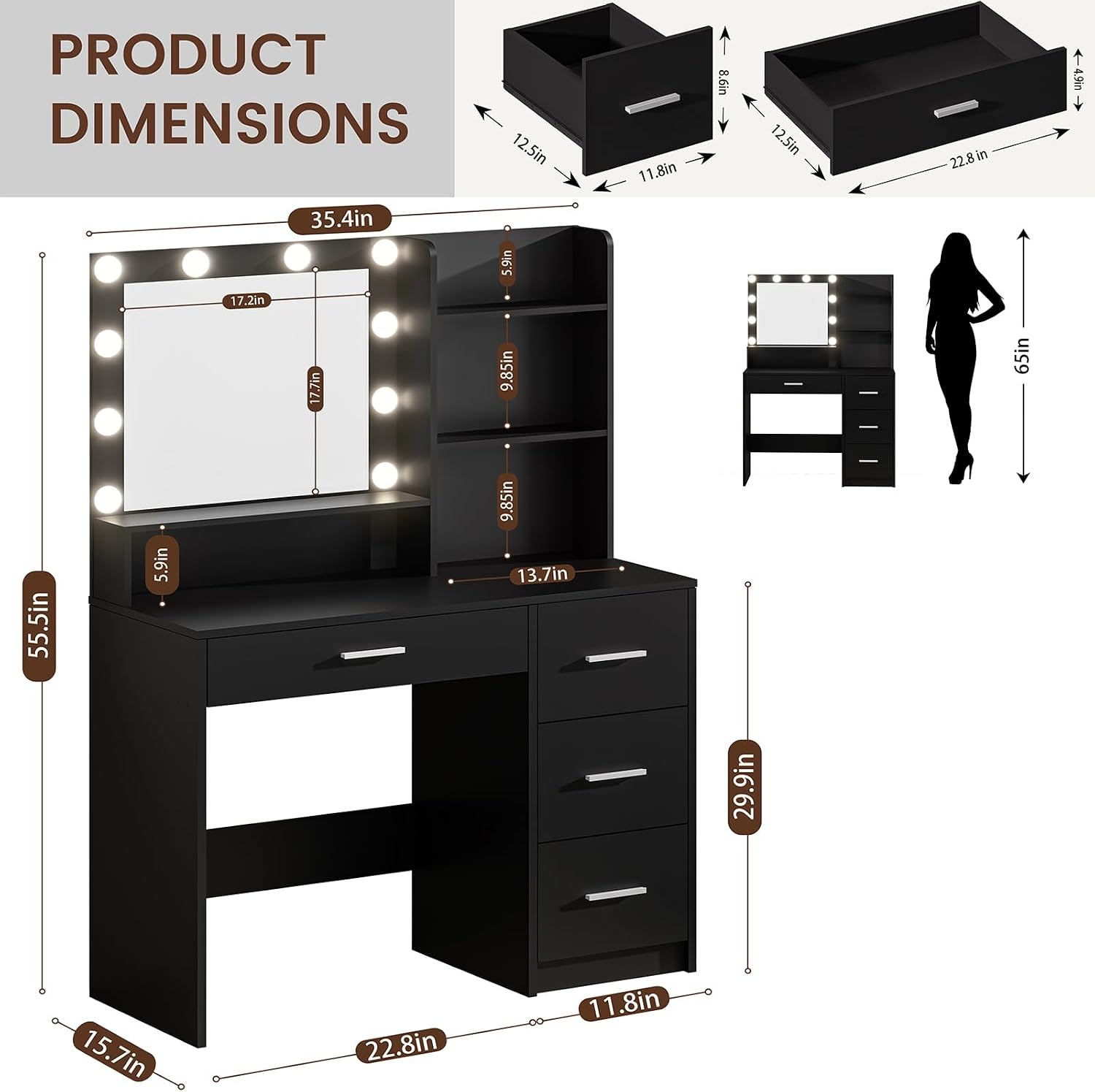 DINGIPP Vanity Desk with Lighted Mirror and Charging Station, Makeup Vanity with 4 Drawers & Storage Shelves,Makeup Desk 3 Color Lights Modes Available, Bedroom Dressing Table for Women, Girls