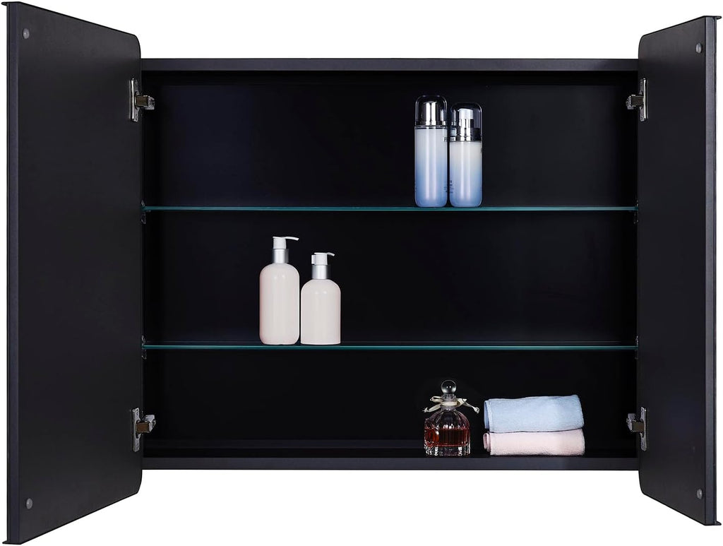 IDYLLOR Black Bathroom Mirror Medicine Cabinet with Round Corner Framed Door 30 x 25.6 inch, Recessed or Surface Mount, with Adjustable Glass Shelves