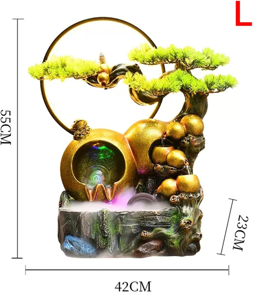 Desktop Fountain Tabletop Water Fountain Resin Relaxation Meditation Desktop with Golden Gourd and Artificial Bonsai Design, Indoor Waterfall Feature for Home Office Decor(Large)