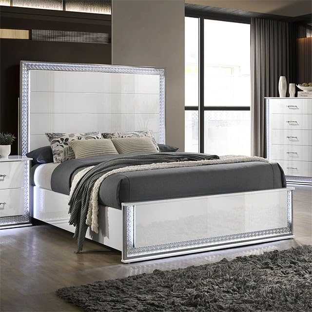 MASARA 6-Piece Glam White Bedroom Set with High-Gloss Finish, Engineered Wood, Crystal Effect Zinc Alloy Trim (King)