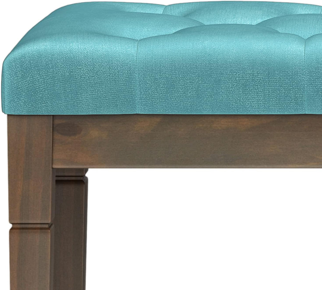 SIMPLIHOME Waverly 48 inch Wide Traditional Rectangle Tufted Ottoman Bench in Aqua Velvet Fabric, Assembled for the Living Room and Bedroom