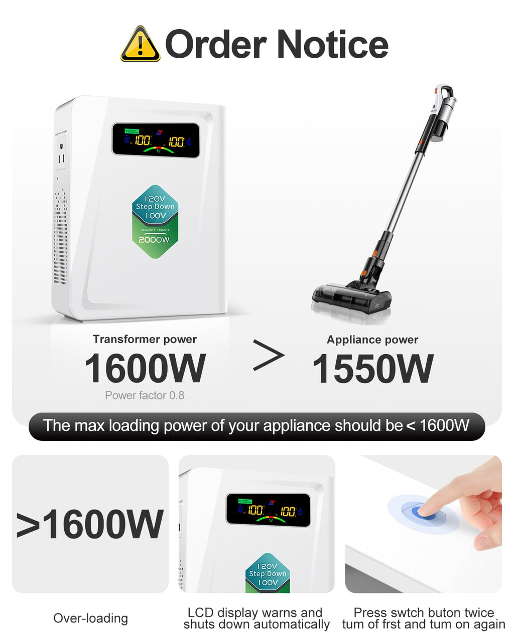 ZHENGXI Step Down Transformer 120v to 100v Voltage Converter 2000W, No Noise, Ten Protection Functions, Using Japan Appliances in US