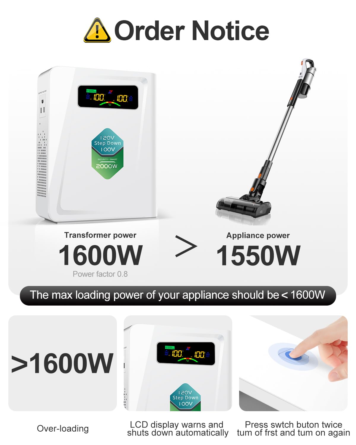 ZHENGXI Step Down Transformer 120v to 100v Voltage Converter 2000W, No Noise, Ten Protection Functions, Using Japan Appliances in US