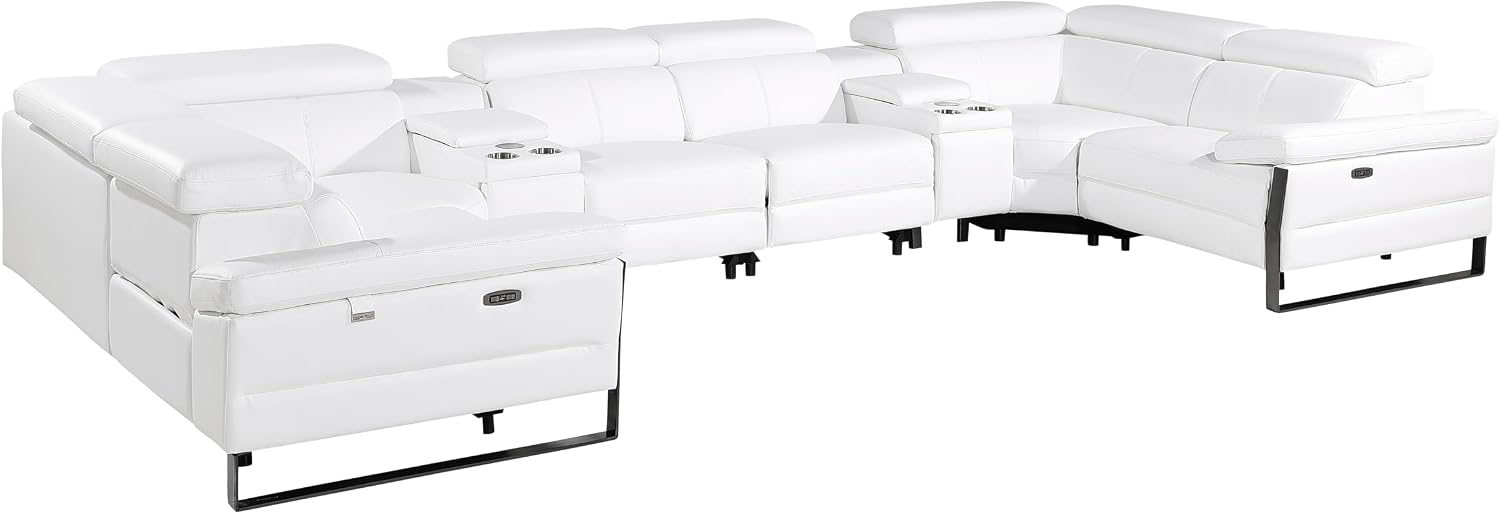 BlackJack Furniture Antonio 8 Piece U Shaped Power Reclining Sectional Sofa, Modular Couch with Top Grain Italian Leather, 4 Electric Recliners, USB & Wireless Chargers, Storage Console, White
