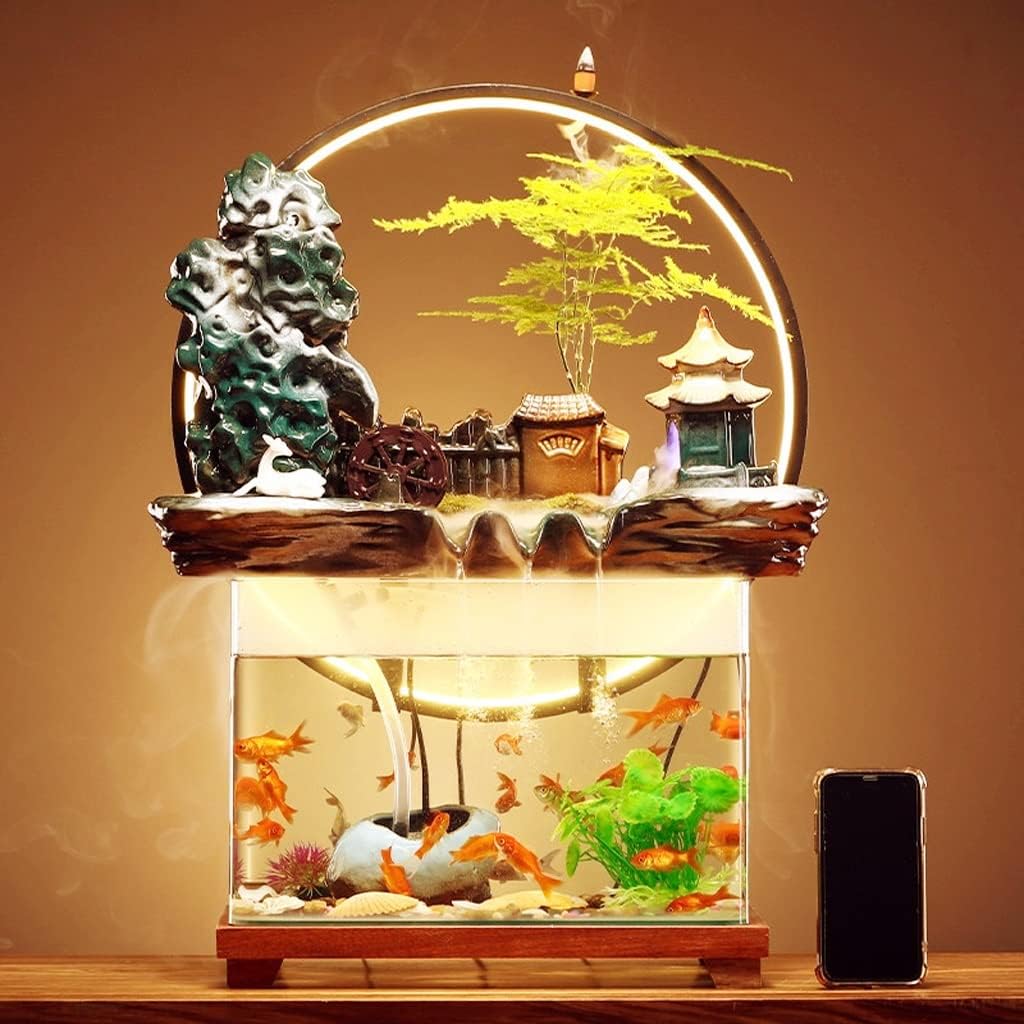 House Decorative Items Tabletop Fountain Ceramic Waterfall Fountain with Lamp Ring and Fish Tank Tabletop Flowing Water Decoration Office Home Decoration Tabl,B
