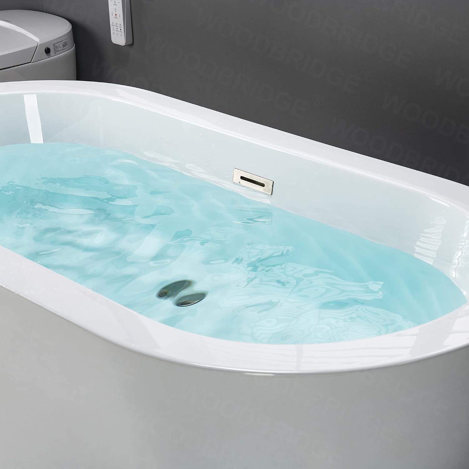 WOODBRIDGE 59' Acrylic Freestanding Bathtub Contemporary Soaking White Tub with Brushed Nickel Overflow and Drain，B0012 -B/N-Drain &O