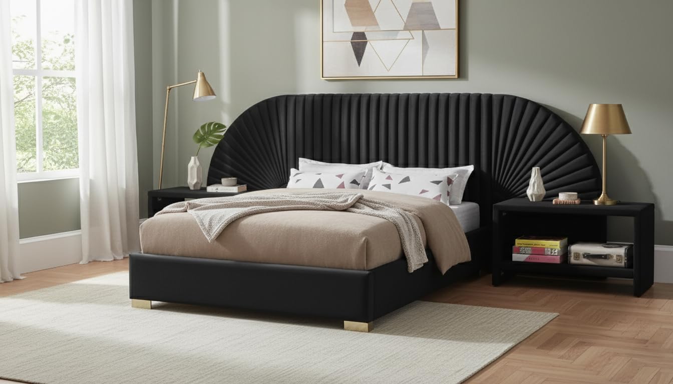 Meridian Furniture Cleo Collection Modern | Contemporary Velvet Upholstered Bed with Gold Steel Legs and Removable Panels, King, Black