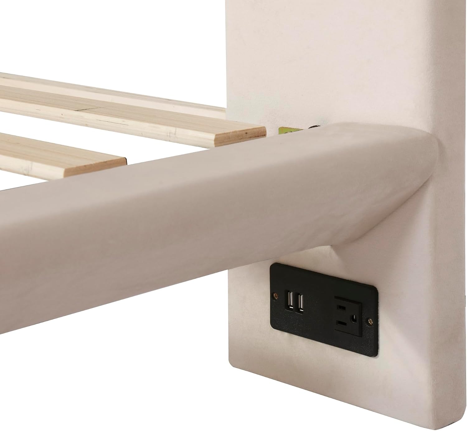 Ball & Cast Queen Size Floating Bed Frame,Velvet Upholstered Platform Bed with Sensor Light and 2 Large Backrests,Two Sets of USB Port,Slat Support,No Box Spring Needed,for Apartment,Bedroom,Beige