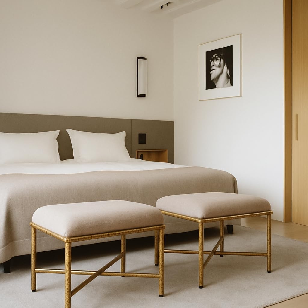 Meridian Furniture 22061Beige Valley Collection Modern | Contemporary Bench with Soft Beige Chenille Fabric, Brushed Brass Forged Iron Metal Legs and Frame, 25' W x 18' D x 18' H, Beige
