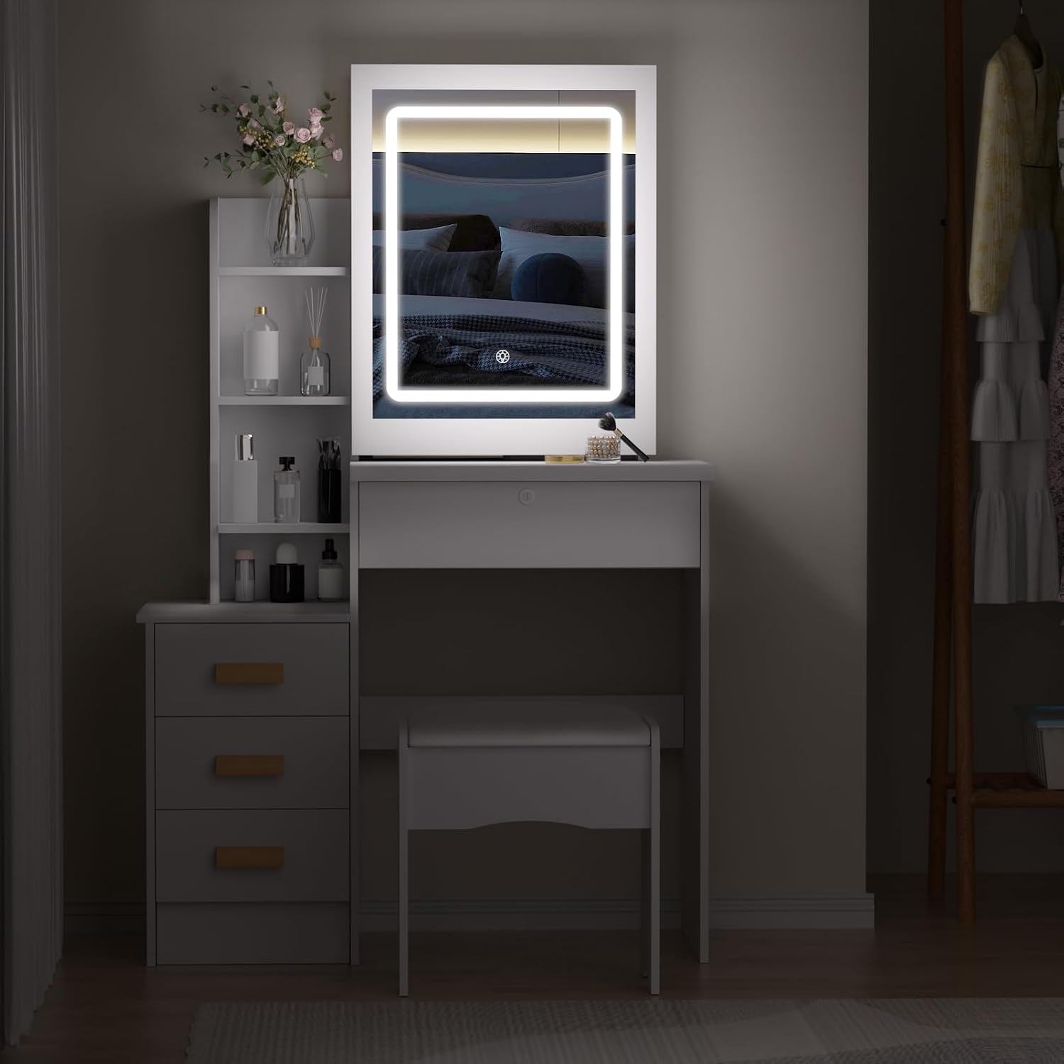 Vanity Desk with Mirror and Lights,Makeup Vanity Desk with Lights 3 Colors,Vanity with 4 Drawers,6 Shelves,Vanity Table Set with Bench for Bedroom,Dressing Table and Chair Set for Women Girls (White)