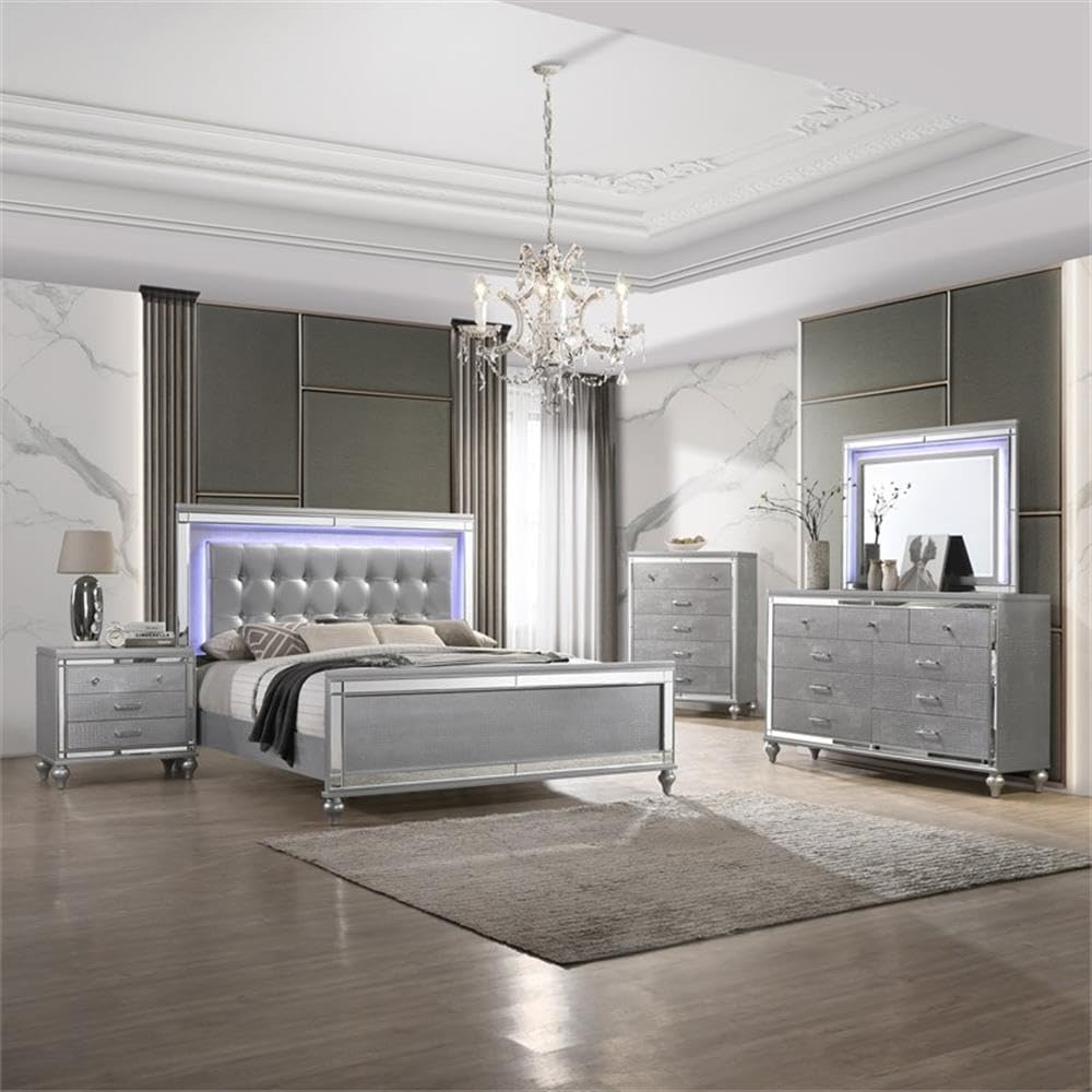 New Classic Valentine Furniture 5-Piece Solid Wood King Bedroom Set in Silver