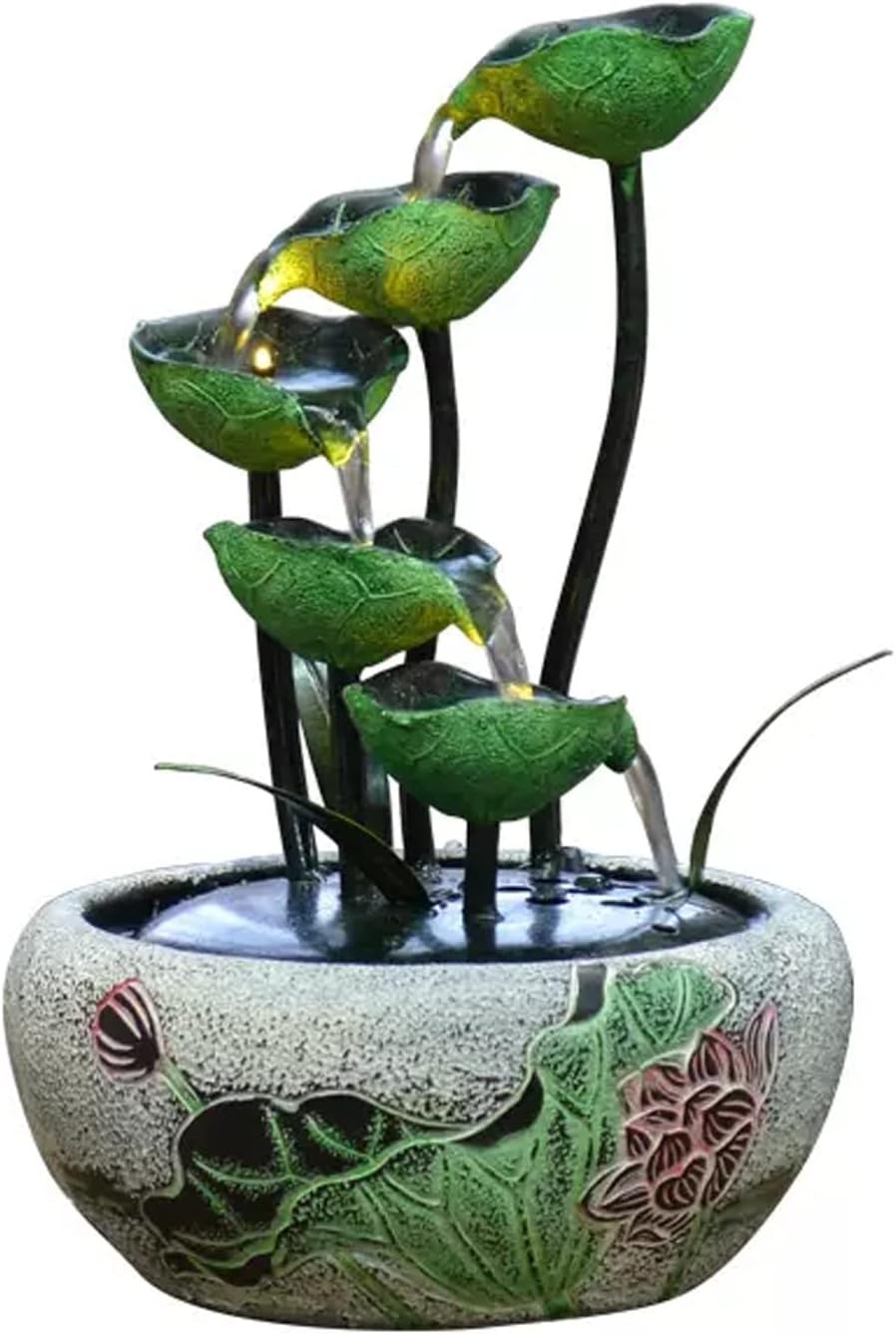 Tabletop Fountain 5-Tier Tabletop Fountains Indoor Lotus Leaf Relaxation Waterfall Decoration Fountain Zen Meditation for Home Office Bedroom Desk Décoration