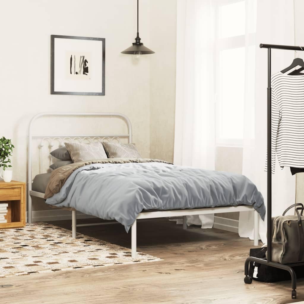 Twin Bed Frame White Steel Metal Frame 39.4 x 78.7 in Rectangular with Headboard Sturdy Support Classic Design for Bedroom and Guest Room