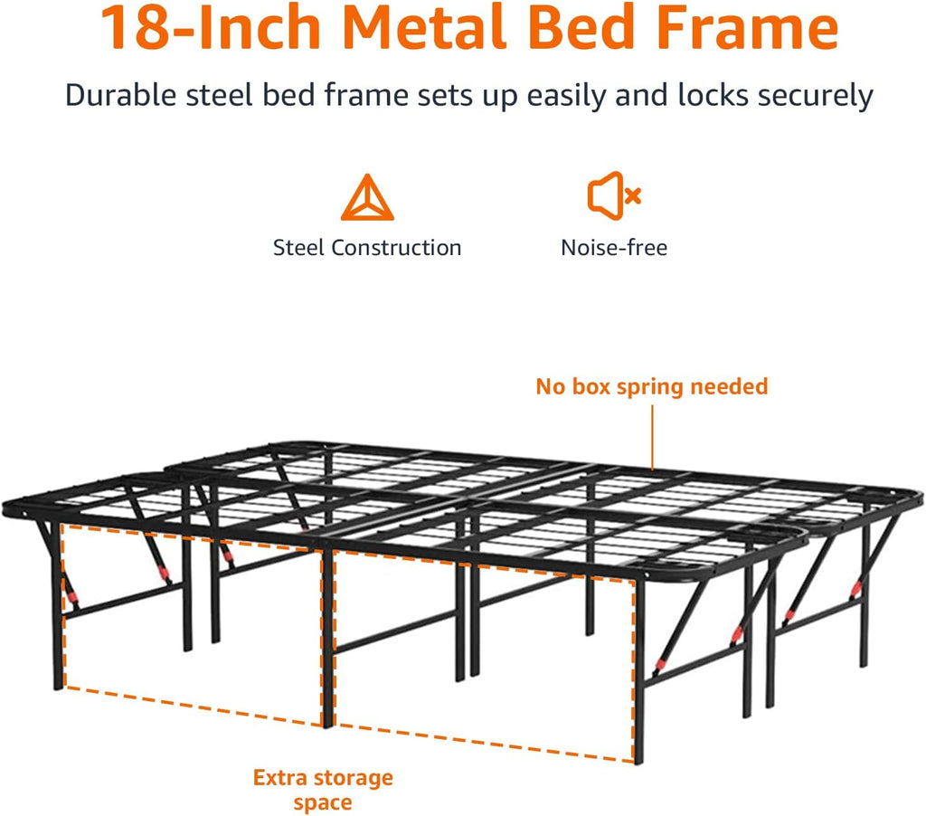 Amazon Basics Bed Frame with Storage, Foldable Metal Platform, Sturdy Steel, No Box Spring Needed, 18 inches High, Tool-Free Setup, Full Size, Black