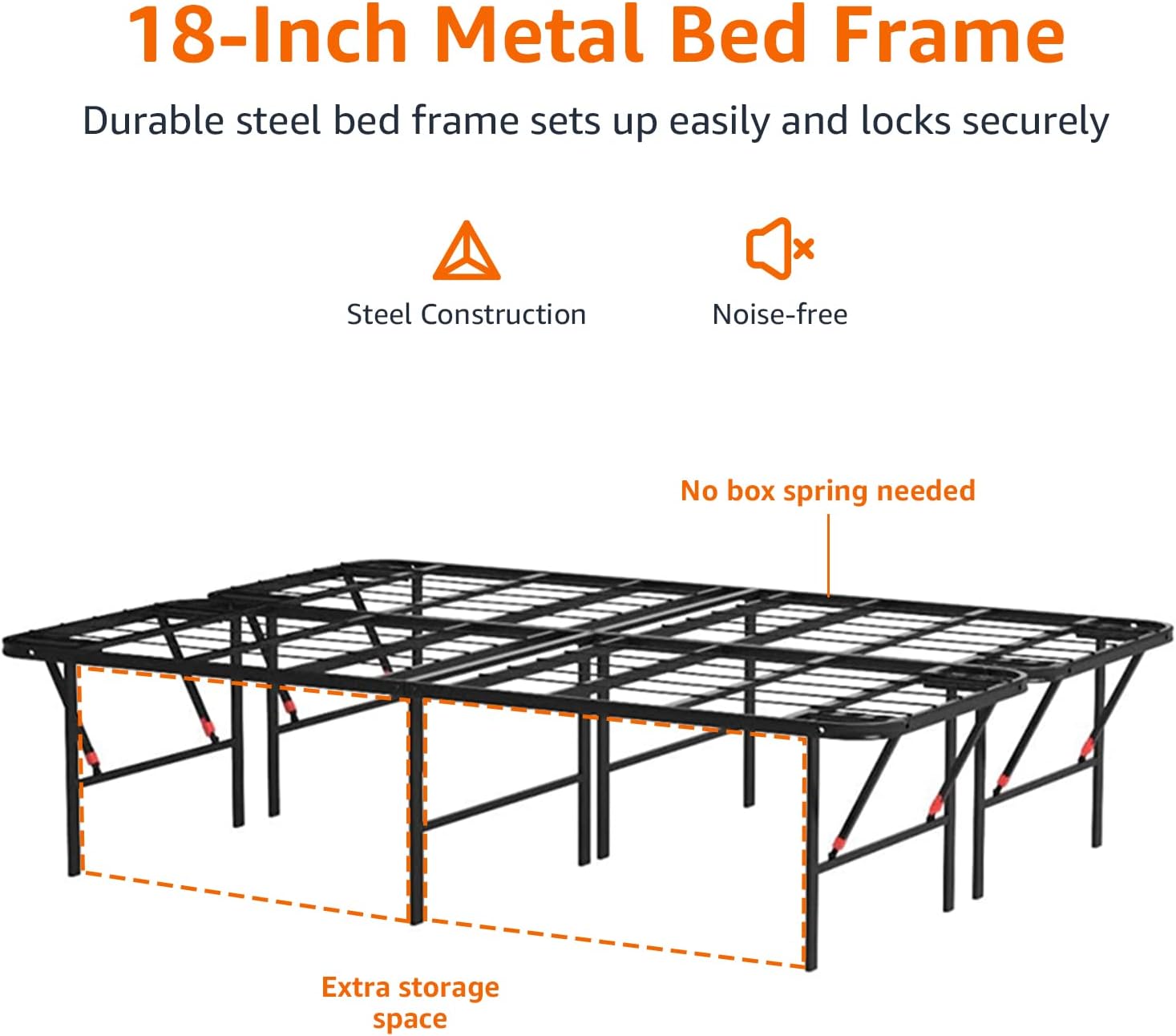 Amazon Basics Bed Frame with Storage, Foldable Metal Platform, Sturdy Steel, No Box Spring Needed, 18 inches High, Tool-Free Setup, Full Size, Black