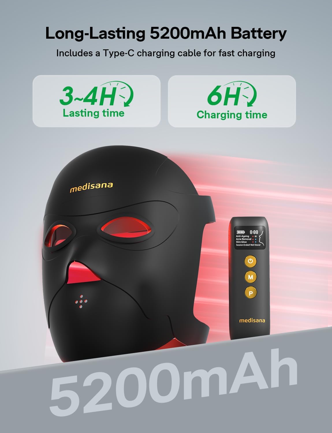 Medisana 3D Red Light Therapy Mask for Face, 336 LEDs Light Therapy Mask with 3 Modes - NIR 830nm, Red 630nm, Blue 415nm - Cordless & Rechargeable LED Face Mask for Home, Skincare Gifts (Black)