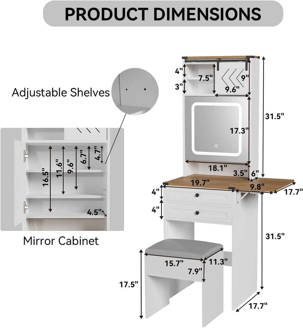 ARTETHYS Farmhouse Small Vanity Desk Set with Mirror Cabinet Mini Makeup Vanities Set with 3 Adjustable Lights and Storage Chair for Compact Space, White Dressing Table with Fold-up Panel